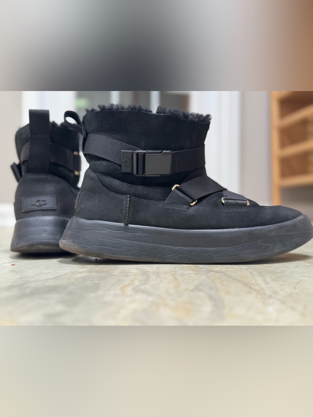 Ugg Boom Buckle Boot Black Womens Size 11 Moto Combat Boots Good Condition